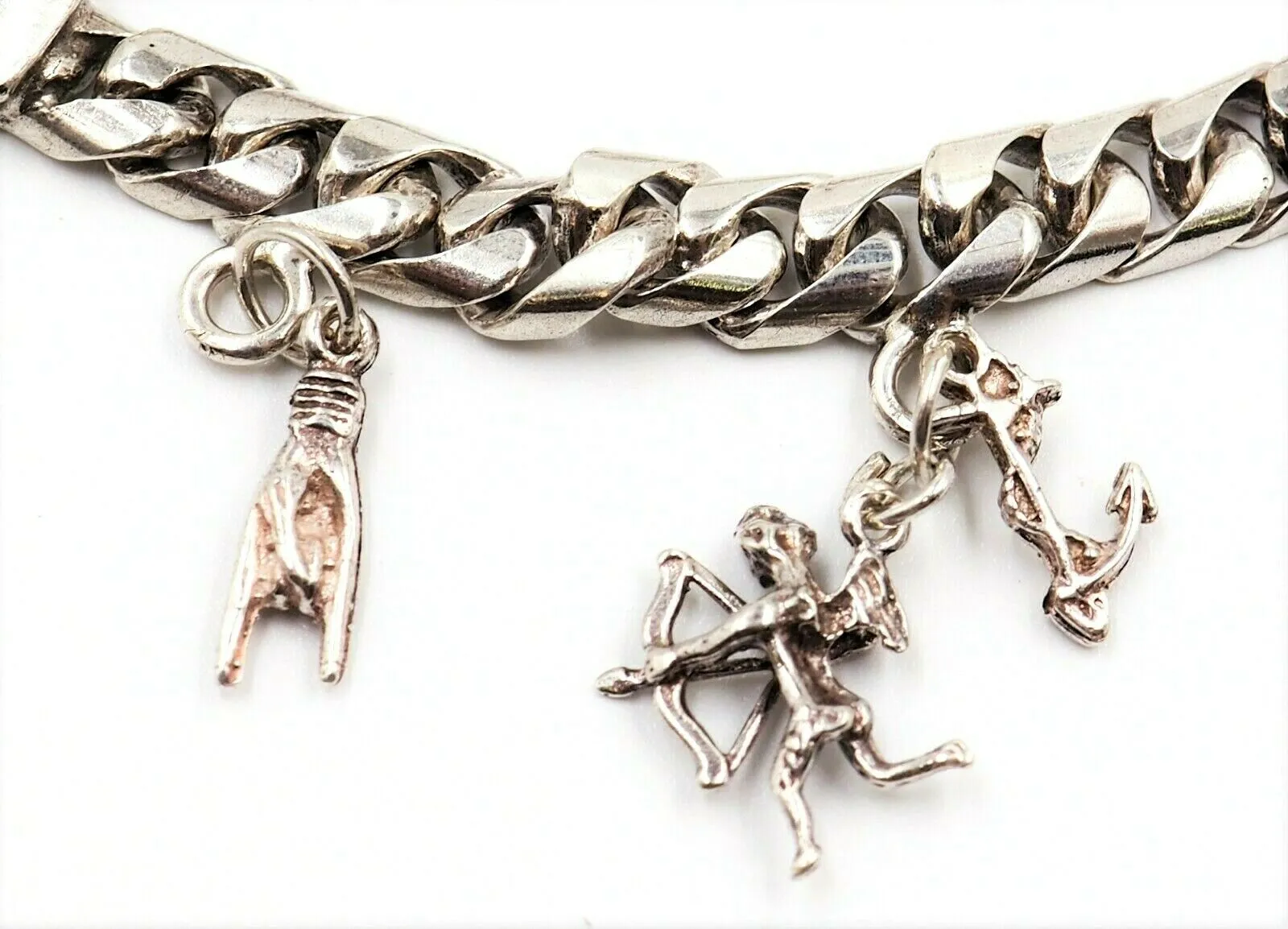 925 Sterling Silver Charm Bracelet 7 Charms Curb Chain Fine Mexican Jewellery