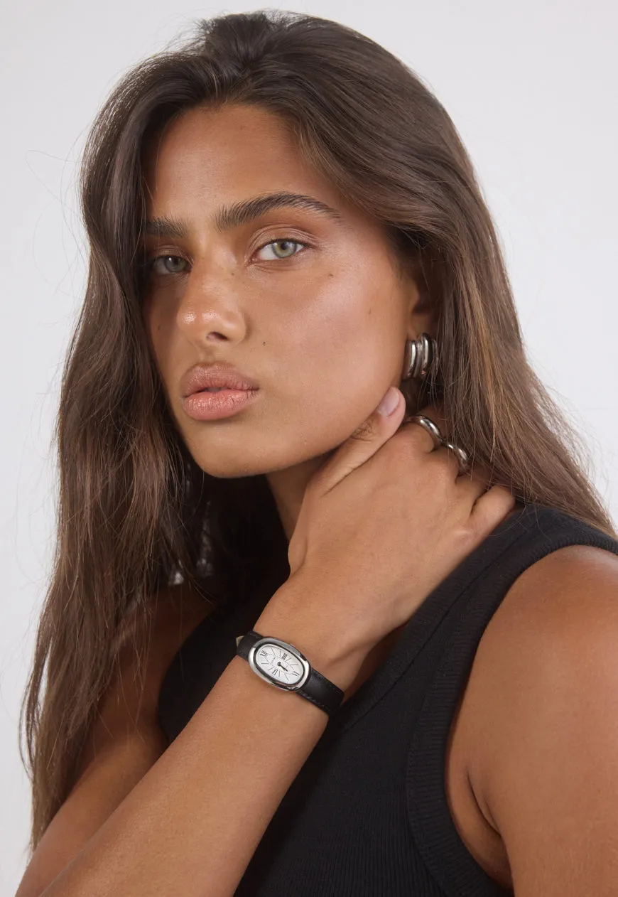 Black Smooth Leather Watch Band | Silver