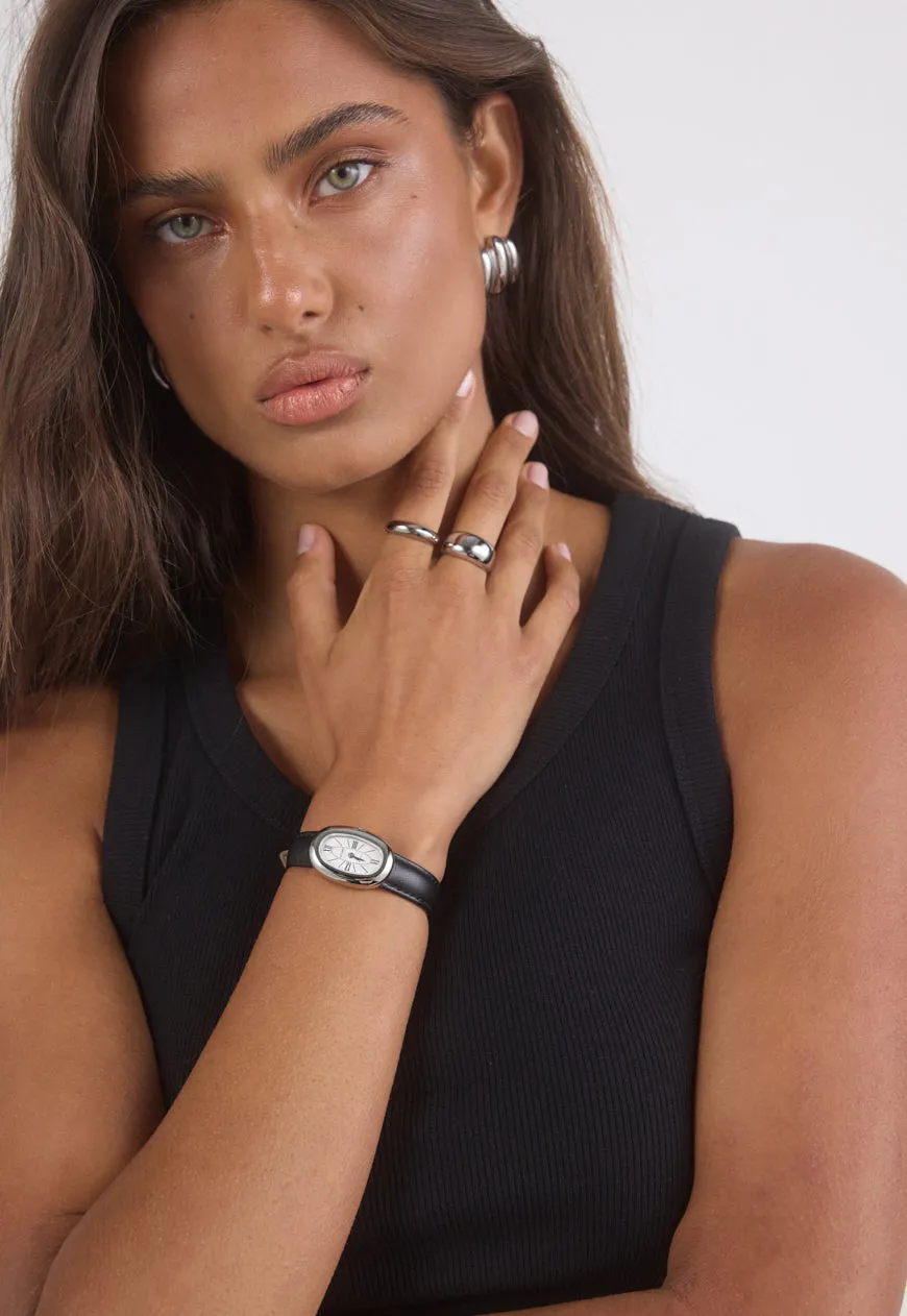 Black Smooth Leather Watch Band | Silver