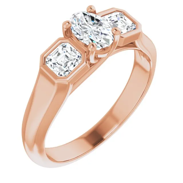 Cubic Zirconia Engagement Ring- The Alana Marie (Customizable 3-stone Cathedral Oval Cut Design with Twin Asscher Cut Side Stones)