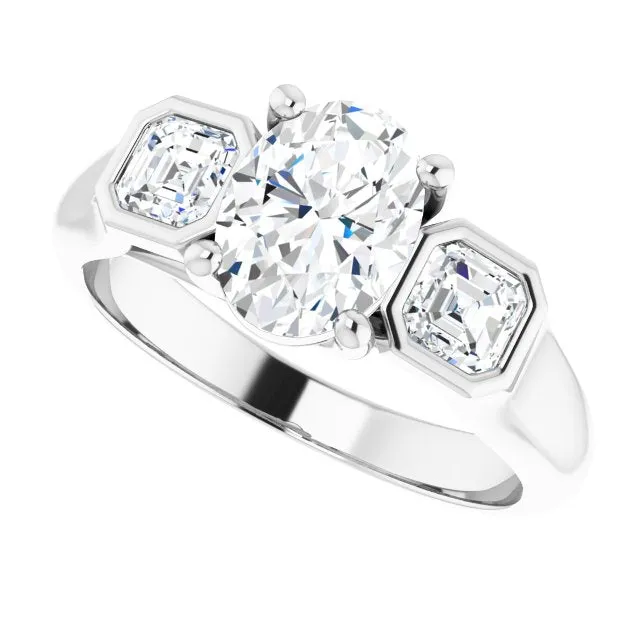 Cubic Zirconia Engagement Ring- The Alana Marie (Customizable 3-stone Cathedral Oval Cut Design with Twin Asscher Cut Side Stones)