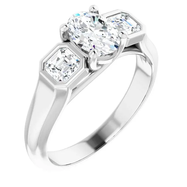 Cubic Zirconia Engagement Ring- The Alana Marie (Customizable 3-stone Cathedral Oval Cut Design with Twin Asscher Cut Side Stones)