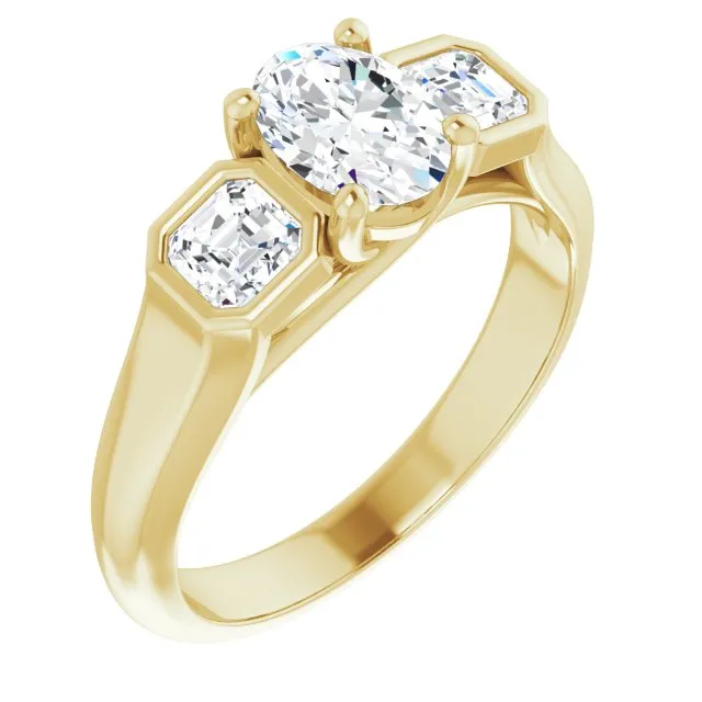 Cubic Zirconia Engagement Ring- The Alana Marie (Customizable 3-stone Cathedral Oval Cut Design with Twin Asscher Cut Side Stones)