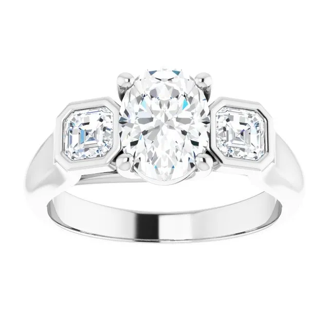 Cubic Zirconia Engagement Ring- The Alana Marie (Customizable 3-stone Cathedral Oval Cut Design with Twin Asscher Cut Side Stones)