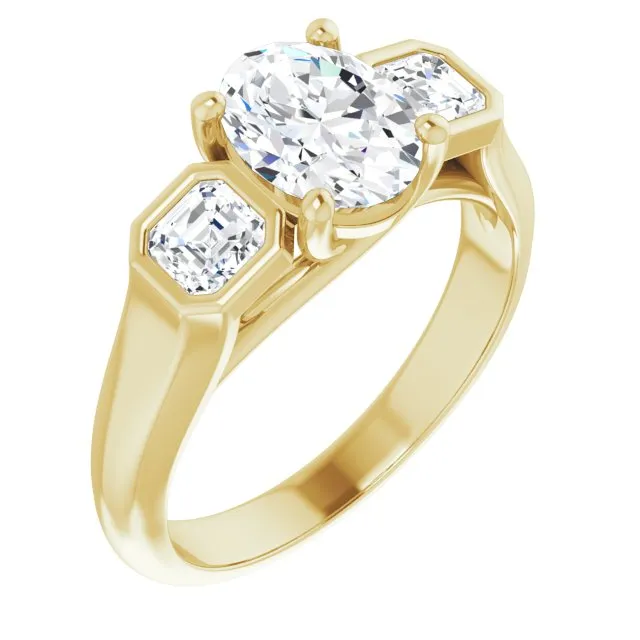 Cubic Zirconia Engagement Ring- The Alana Marie (Customizable 3-stone Cathedral Oval Cut Design with Twin Asscher Cut Side Stones)