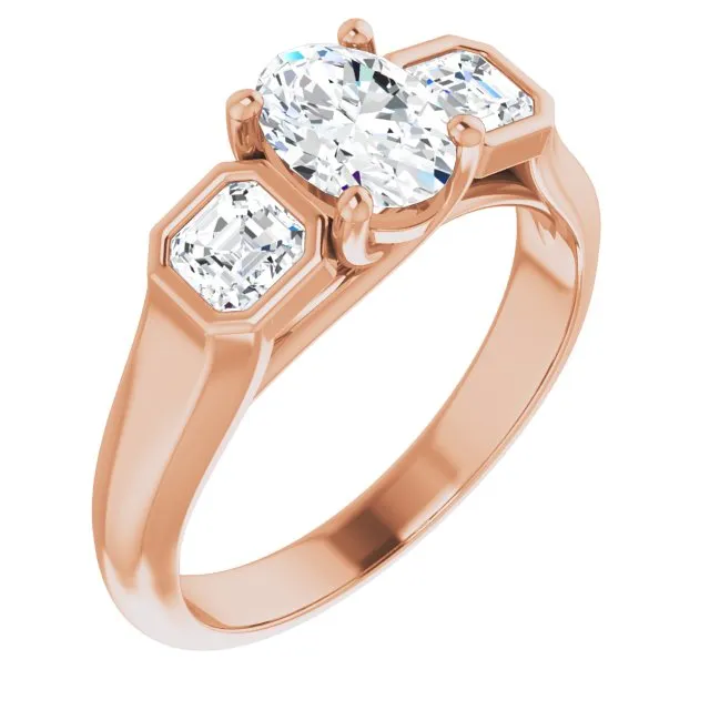 Cubic Zirconia Engagement Ring- The Alana Marie (Customizable 3-stone Cathedral Oval Cut Design with Twin Asscher Cut Side Stones)