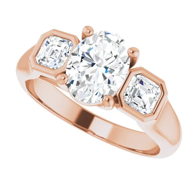 Cubic Zirconia Engagement Ring- The Alana Marie (Customizable 3-stone Cathedral Oval Cut Design with Twin Asscher Cut Side Stones)