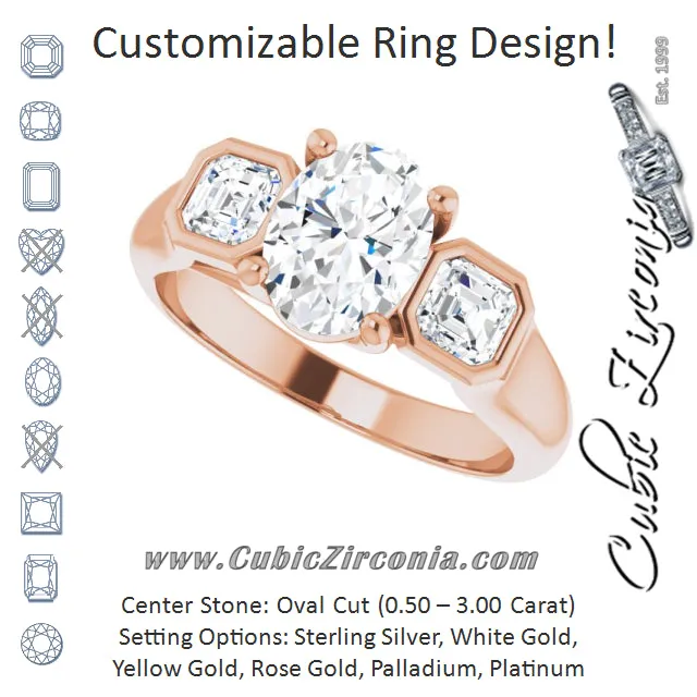 Cubic Zirconia Engagement Ring- The Alana Marie (Customizable 3-stone Cathedral Oval Cut Design with Twin Asscher Cut Side Stones)