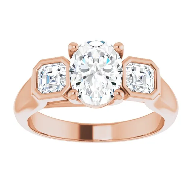 Cubic Zirconia Engagement Ring- The Alana Marie (Customizable 3-stone Cathedral Oval Cut Design with Twin Asscher Cut Side Stones)