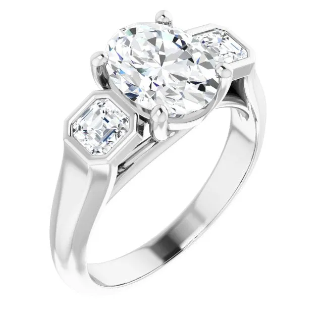 Cubic Zirconia Engagement Ring- The Alana Marie (Customizable 3-stone Cathedral Oval Cut Design with Twin Asscher Cut Side Stones)