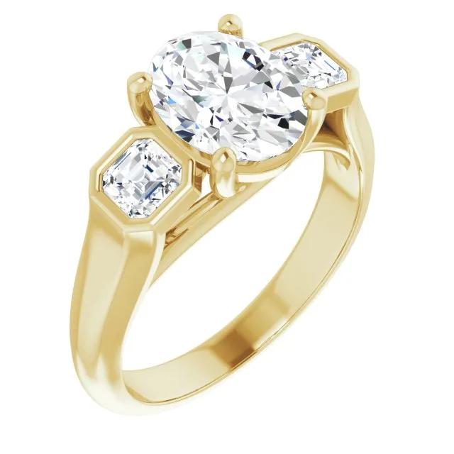 Cubic Zirconia Engagement Ring- The Alana Marie (Customizable 3-stone Cathedral Oval Cut Design with Twin Asscher Cut Side Stones)