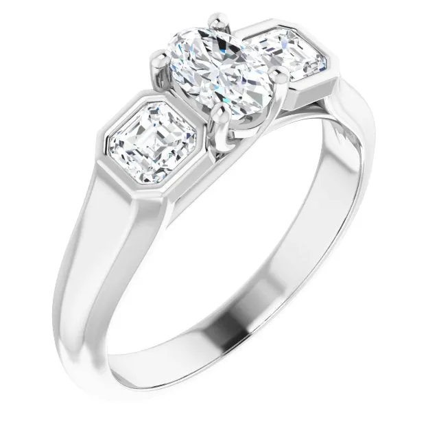 Cubic Zirconia Engagement Ring- The Alana Marie (Customizable 3-stone Cathedral Oval Cut Design with Twin Asscher Cut Side Stones)