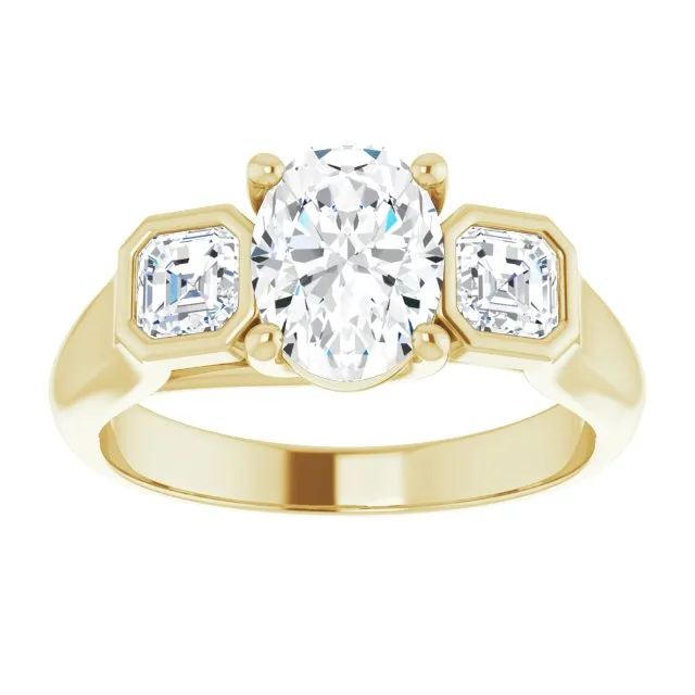 Cubic Zirconia Engagement Ring- The Alana Marie (Customizable 3-stone Cathedral Oval Cut Design with Twin Asscher Cut Side Stones)