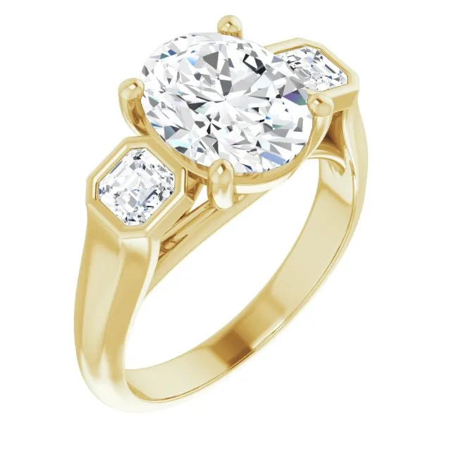 Cubic Zirconia Engagement Ring- The Alana Marie (Customizable 3-stone Cathedral Oval Cut Design with Twin Asscher Cut Side Stones)