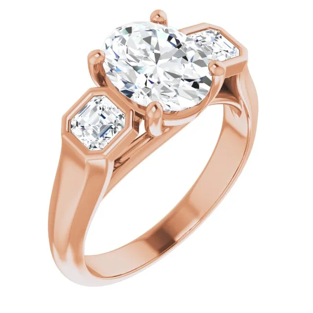Cubic Zirconia Engagement Ring- The Alana Marie (Customizable 3-stone Cathedral Oval Cut Design with Twin Asscher Cut Side Stones)