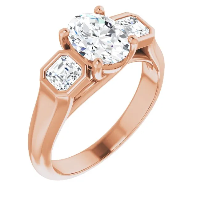 Cubic Zirconia Engagement Ring- The Alana Marie (Customizable 3-stone Cathedral Oval Cut Design with Twin Asscher Cut Side Stones)