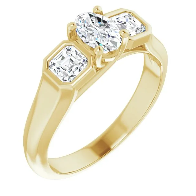 Cubic Zirconia Engagement Ring- The Alana Marie (Customizable 3-stone Cathedral Oval Cut Design with Twin Asscher Cut Side Stones)