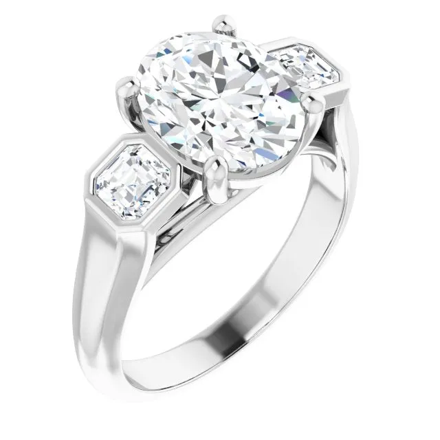Cubic Zirconia Engagement Ring- The Alana Marie (Customizable 3-stone Cathedral Oval Cut Design with Twin Asscher Cut Side Stones)