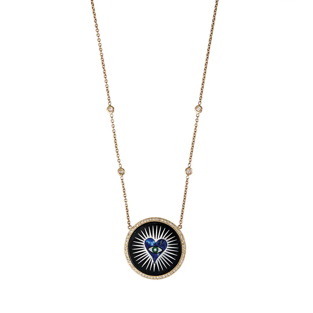 SMALL PAVE ROUND ONYX INLAY LAPIS HEART BURST NECKLACE