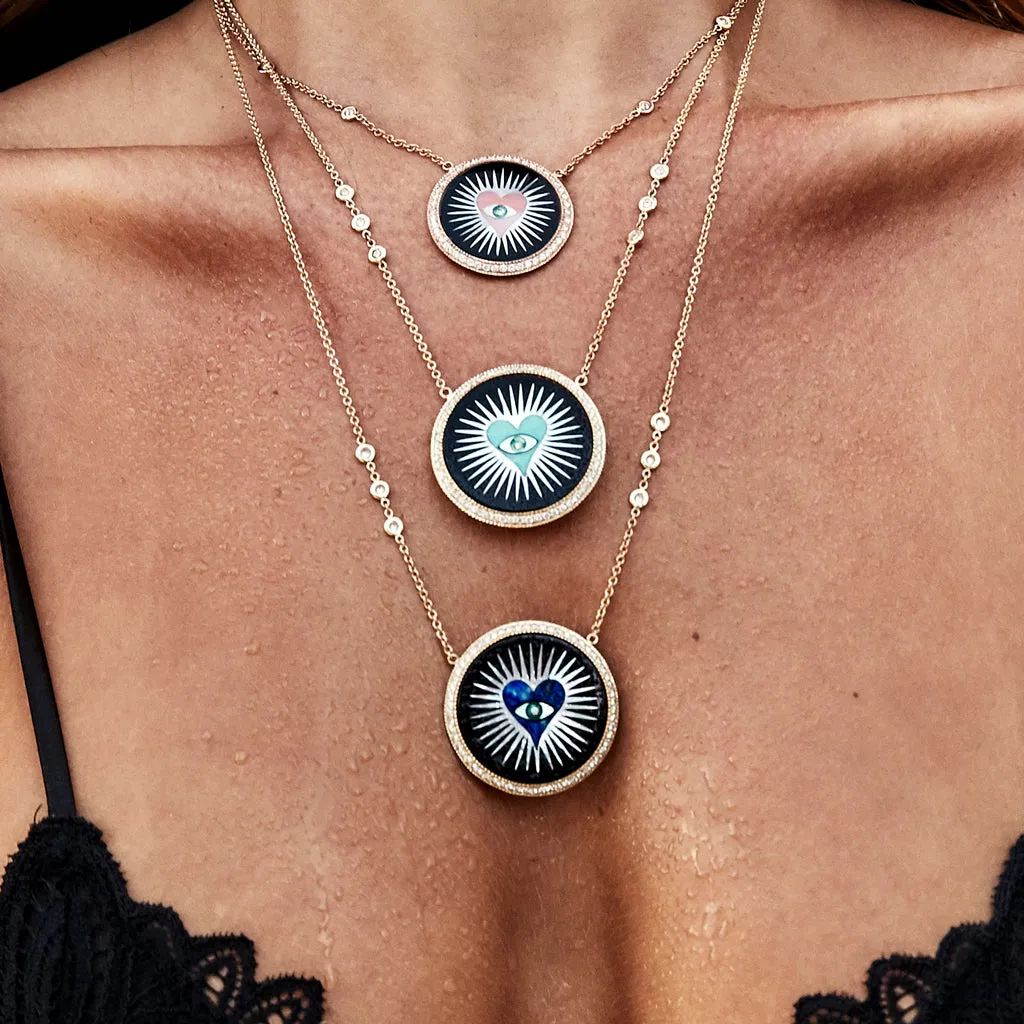 SMALL PAVE ROUND ONYX INLAY LAPIS HEART BURST NECKLACE