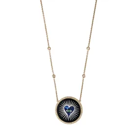 SMALL PAVE ROUND ONYX INLAY LAPIS HEART BURST NECKLACE