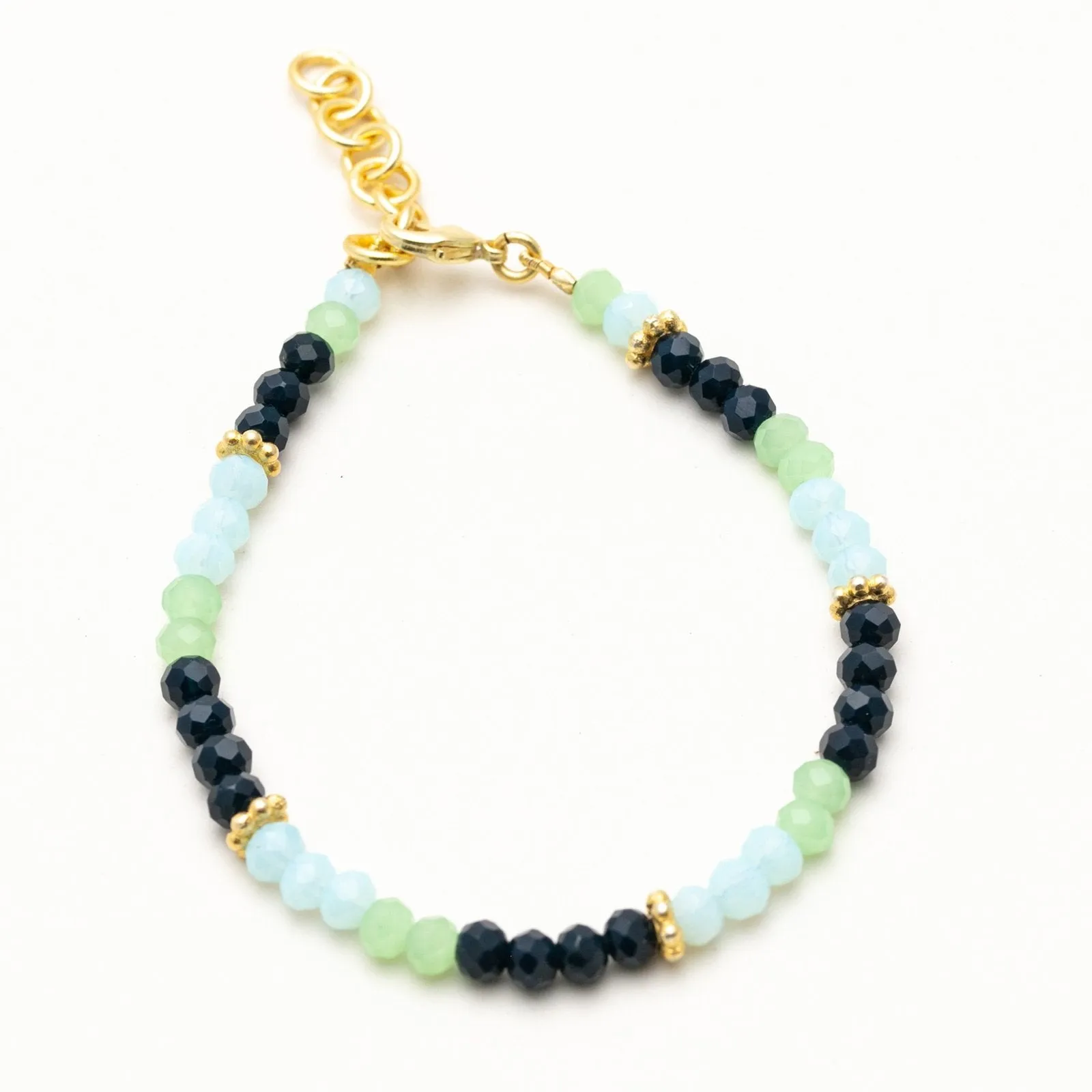 Tri Color Beaded Bracelet With Blue And Green Chalcedony Lapiz And 18K Gold Plated Extender Chain