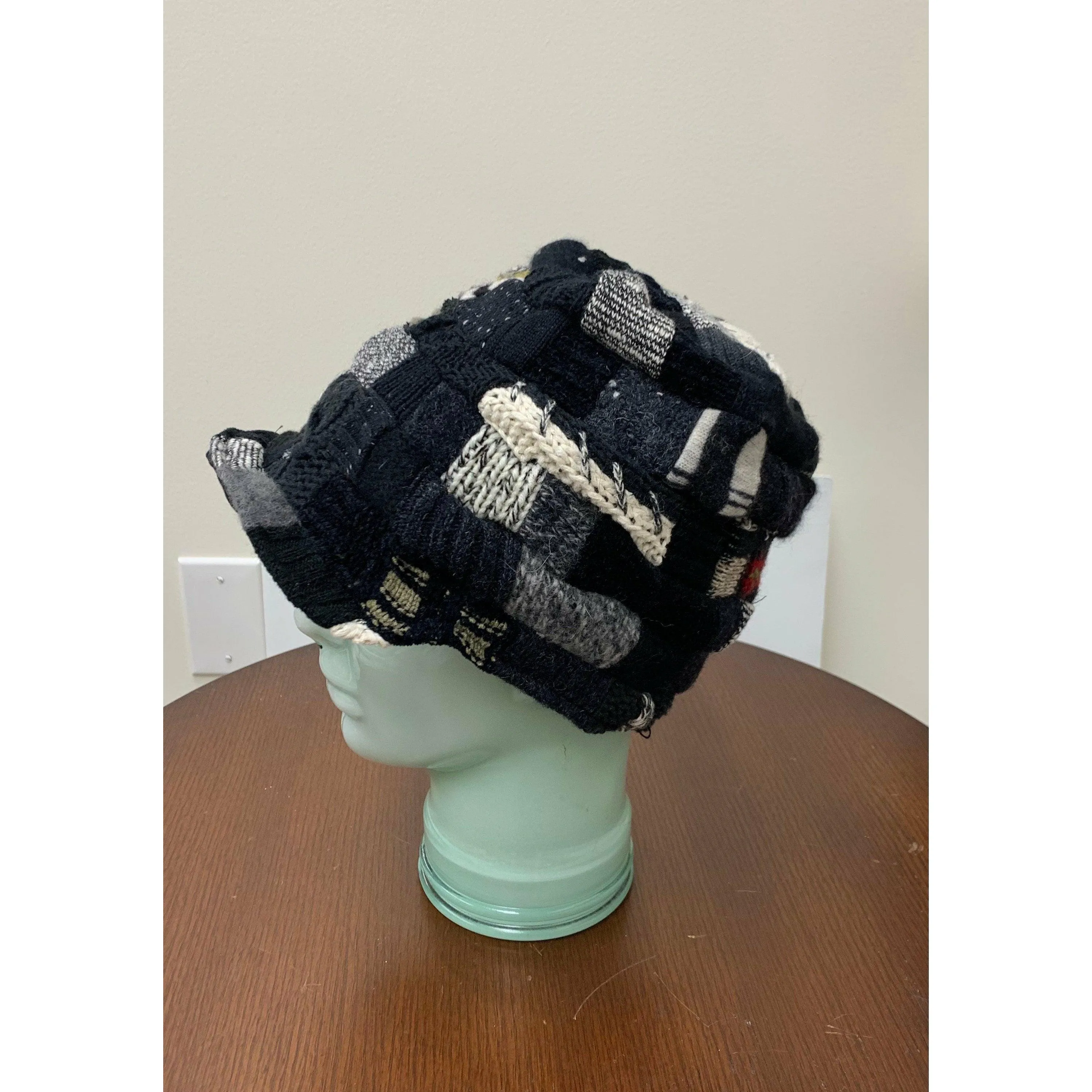 Upcycled patchwork cozy blacks hat. Textures, patterns and shades of black n grays. Black Hat!! Free shipping USA.