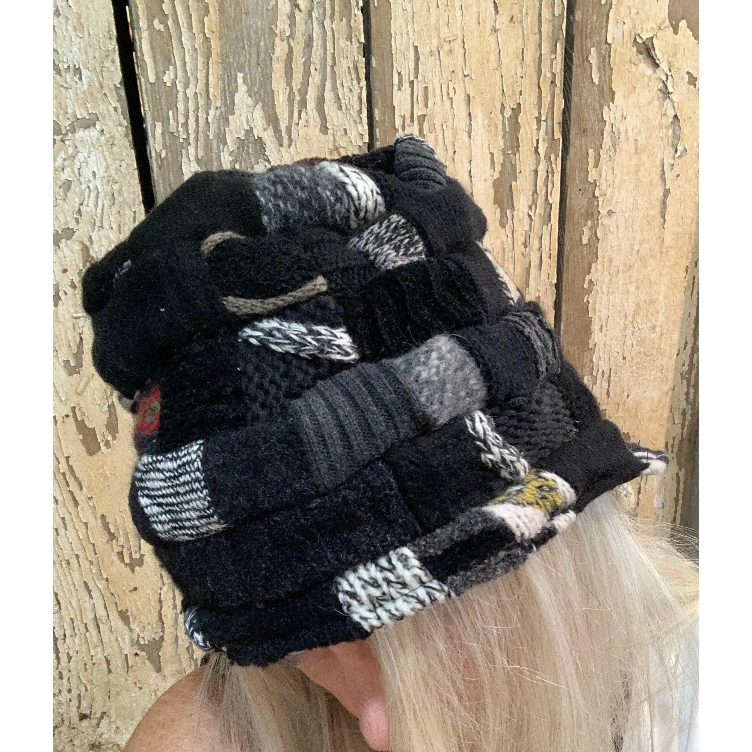 Upcycled patchwork cozy blacks hat. Textures, patterns and shades of black n grays. Black Hat!! Free shipping USA.