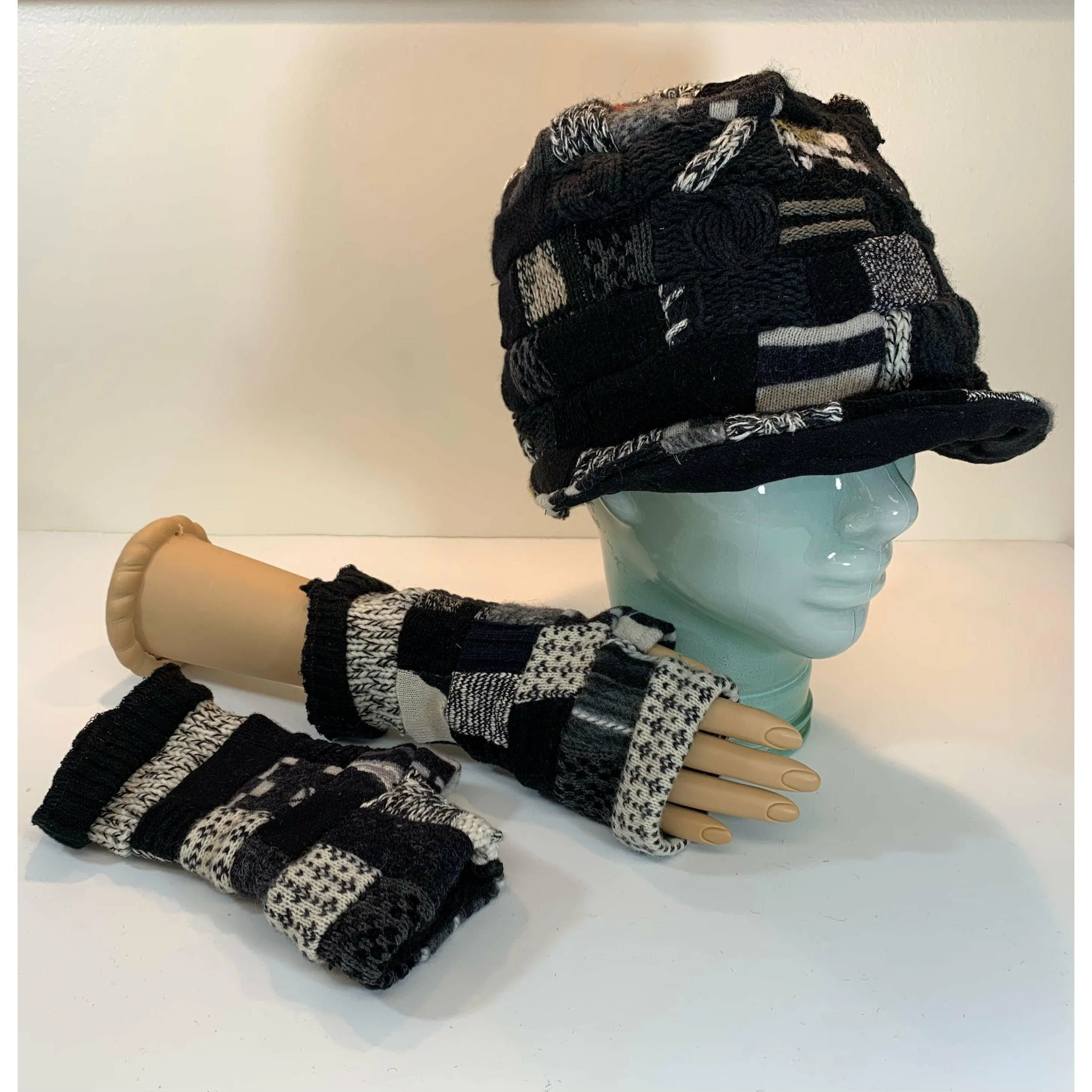 Upcycled patchwork cozy blacks hat. Textures, patterns and shades of black n grays. Black Hat!! Free shipping USA.