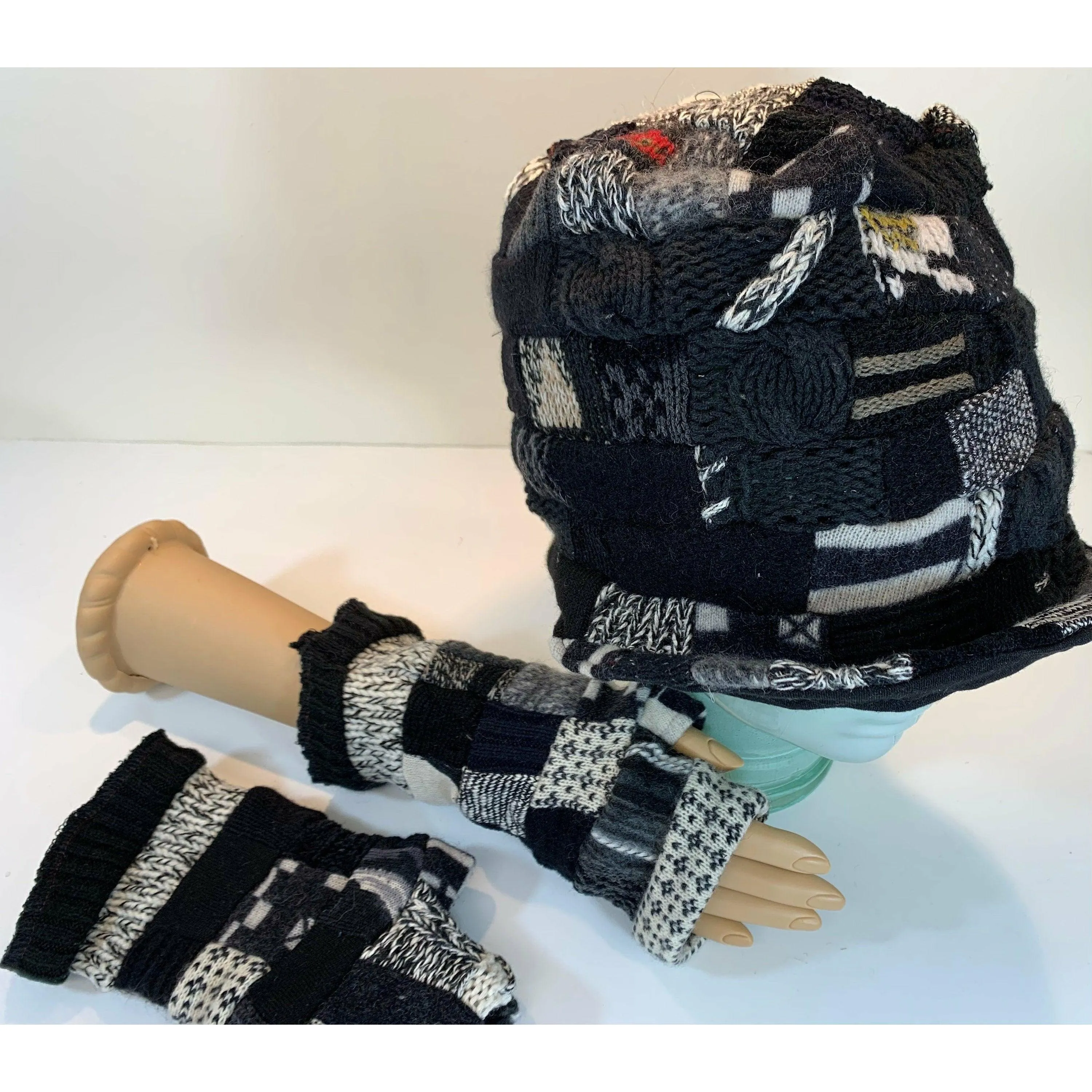 Upcycled patchwork cozy blacks hat. Textures, patterns and shades of black n grays. Black Hat!! Free shipping USA.