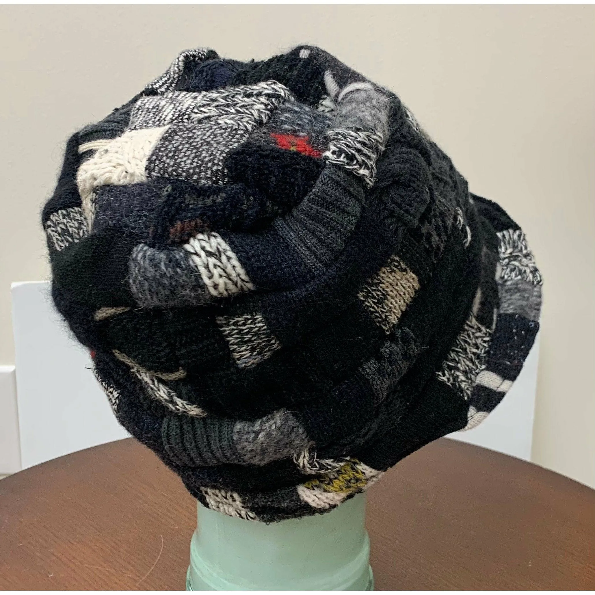 Upcycled patchwork cozy blacks hat. Textures, patterns and shades of black n grays. Black Hat!! Free shipping USA.