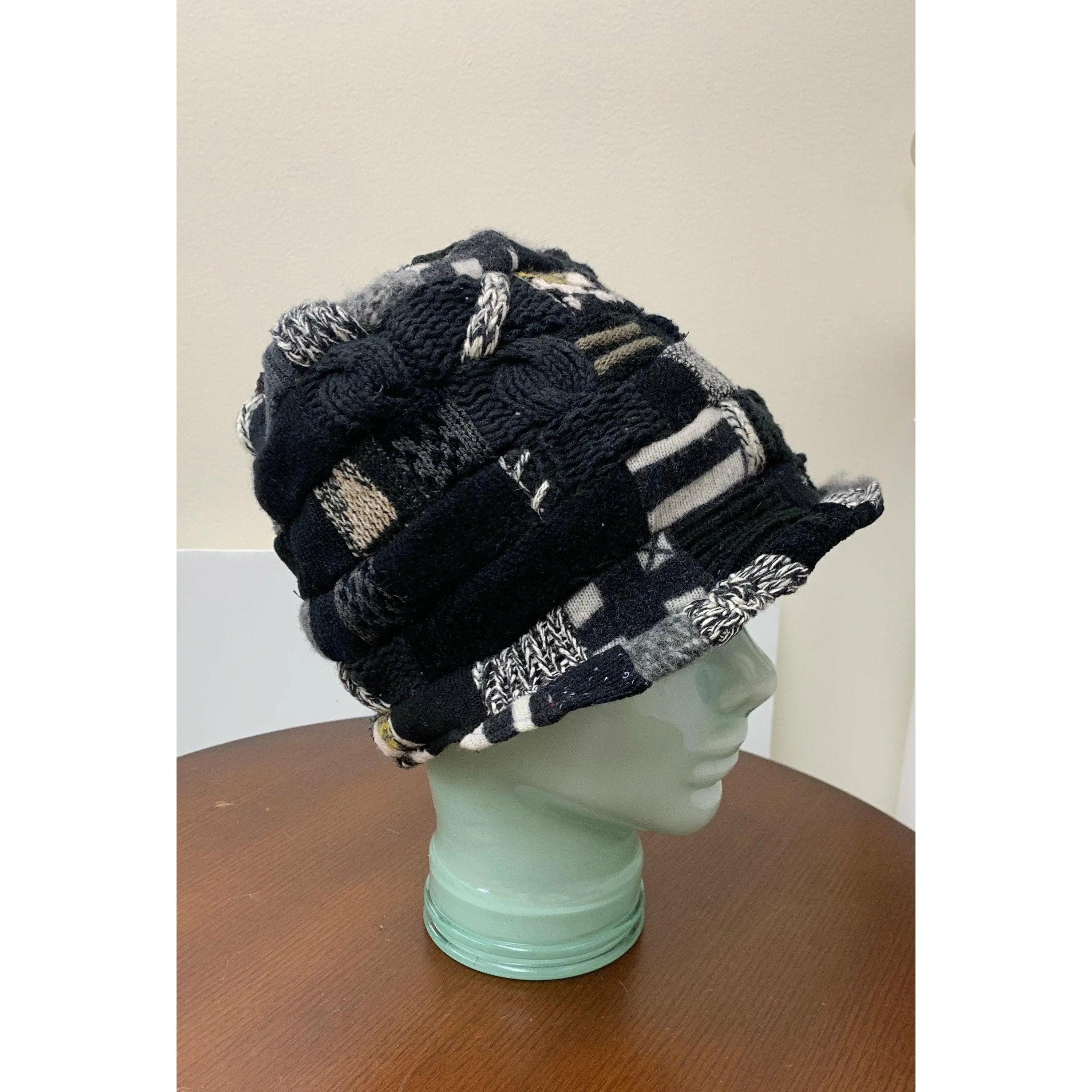 Upcycled patchwork cozy blacks hat. Textures, patterns and shades of black n grays. Black Hat!! Free shipping USA.