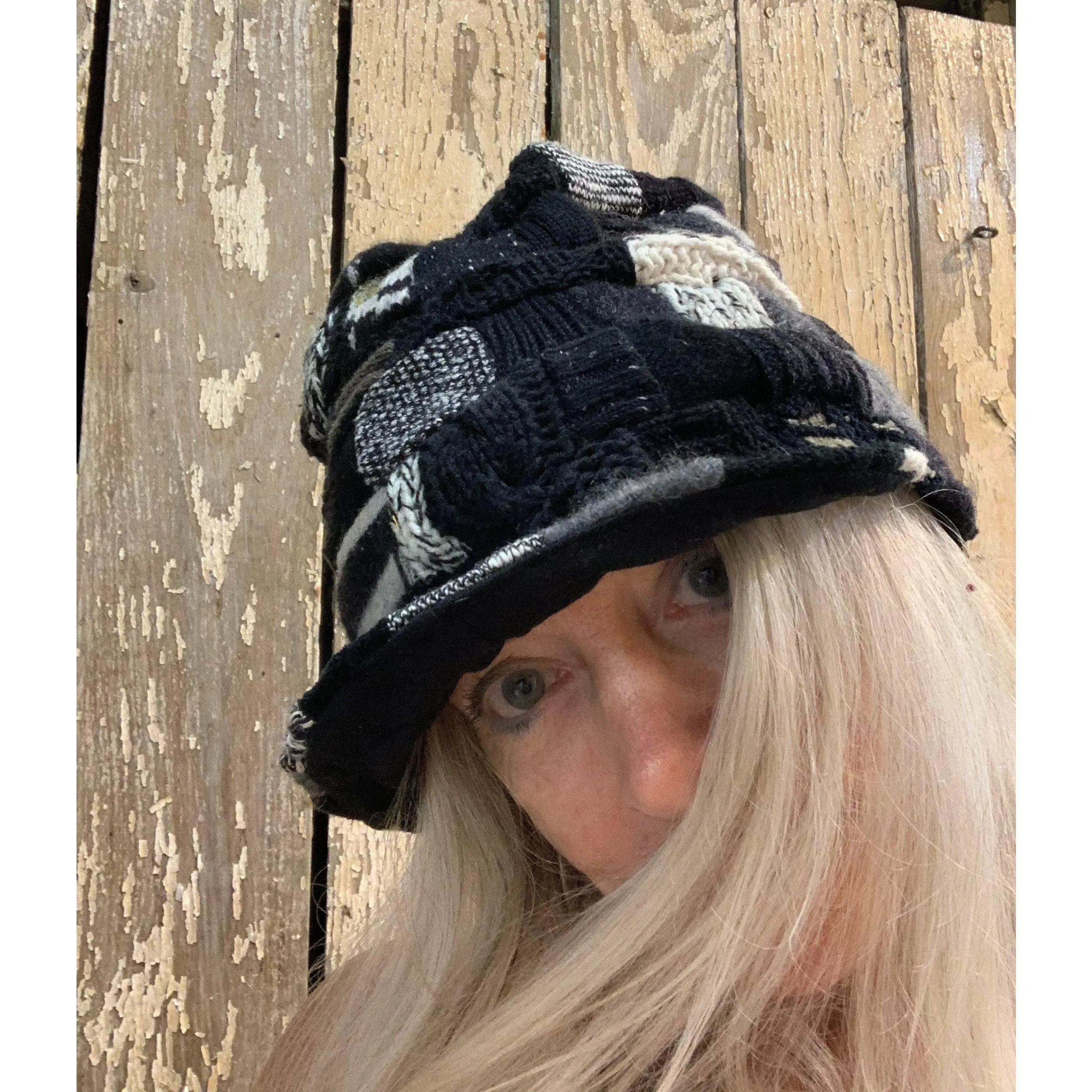 Upcycled patchwork cozy blacks hat. Textures, patterns and shades of black n grays. Black Hat!! Free shipping USA.